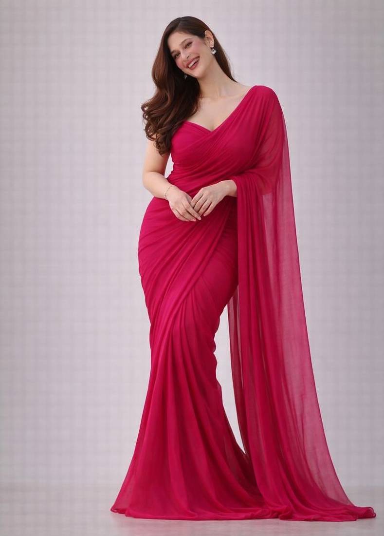 Raspberry color plain georgette designer saree with blouse