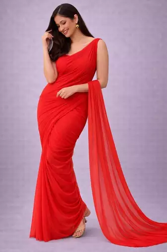 Red color plain georgette designer saree with blouse