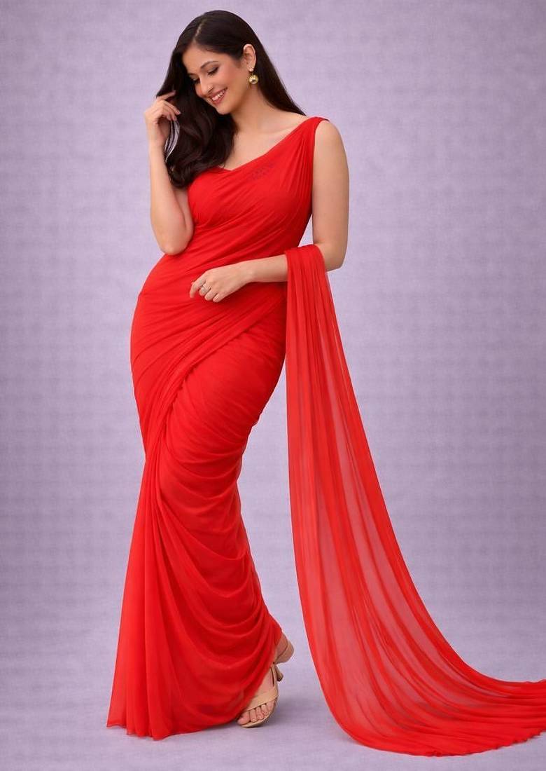 Red color plain georgette designer saree with blouse