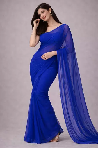 Royal blue color plain georgette designer saree with blouse