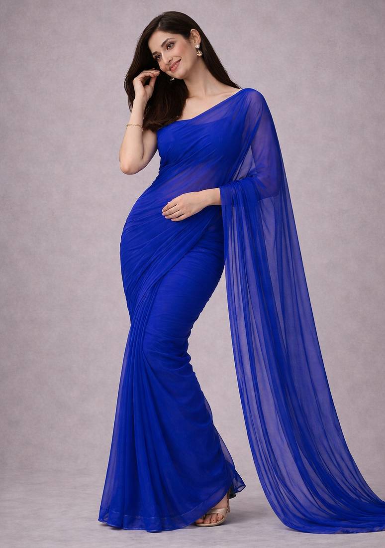 Royal blue color plain georgette designer saree with blouse