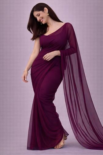 Wine color plain georgette designer saree with blouse
