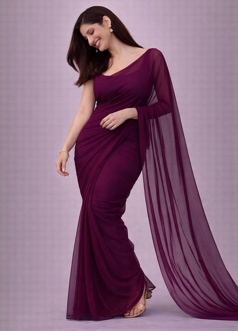 Wine color plain georgette designer saree with blouse