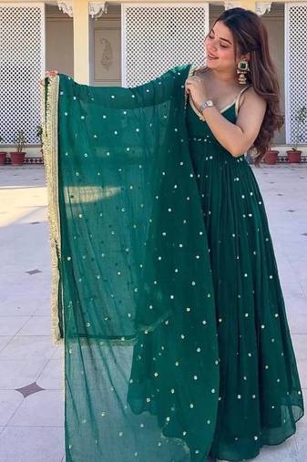 Emerald green faux blooming sequins & zari work sleeveless stitched anarkali gown