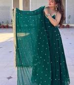 Emerald green faux blooming sequins & zari work sleeveless stitched anarkali gown