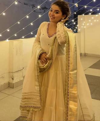Off white vichitra silk heavy 9mm sequins & thread work fully stitched flared anarkali gown 1