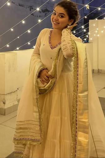 Off white vichitra silk heavy 9mm sequins & thread work fully stitched flared anarkali gown