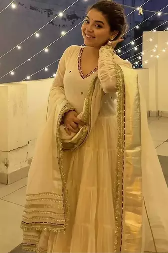 Off white vichitra silk heavy 9mm sequins & thread work fully stitched flared anarkali gown