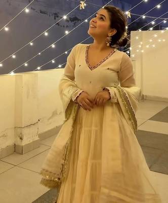 Off white vichitra silk heavy 9mm sequins & thread work fully stitched flared anarkali gown 2