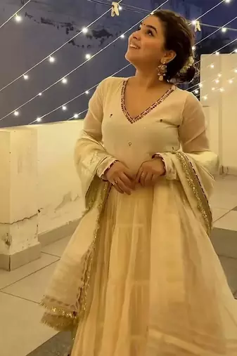 Off white vichitra silk heavy 9mm sequins & thread work fully stitched flared anarkali gown