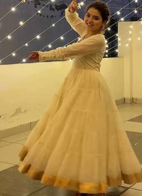 Off white vichitra silk heavy 9mm sequins & thread work fully stitched flared anarkali gown 3
