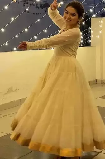 Off white vichitra silk heavy 9mm sequins & thread work fully stitched flared anarkali gown