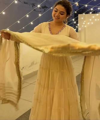Off white vichitra silk heavy 9mm sequins & thread work fully stitched flared anarkali gown 4