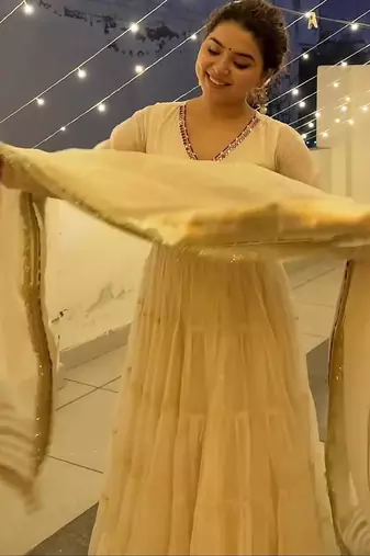 Off white vichitra silk heavy 9mm sequins & thread work fully stitched flared anarkali gown