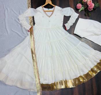Off white vichitra silk heavy 9mm sequins & thread work fully stitched flared anarkali gown 5