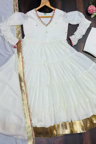 Off white vichitra silk heavy 9mm sequins & thread work fully stitched flared anarkali gown