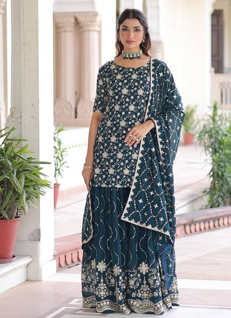 Turquoise Georgette Sequins Embroidered Kurti Sharara Set