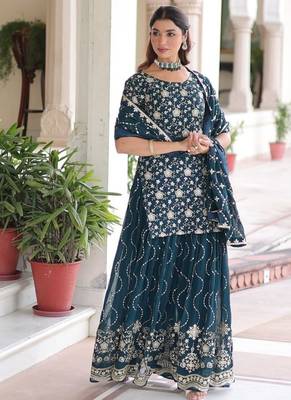 Turquoise Georgette Sequins Embroidered Kurti Sharara Set 2