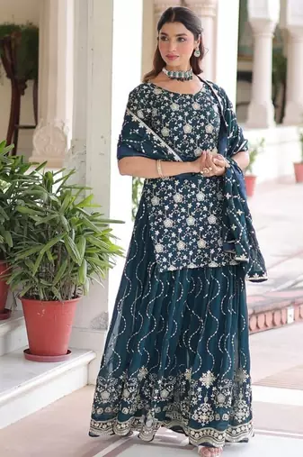 Turquoise Georgette Sequins Embroidered Kurti Sharara Set
