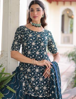 Turquoise Georgette Sequins Embroidered Kurti Sharara Set 4