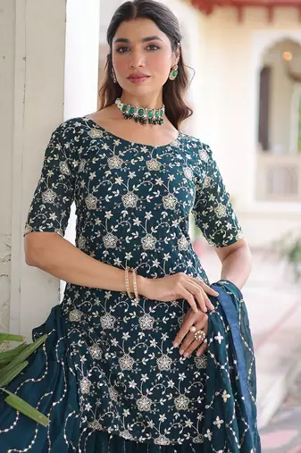 Turquoise Georgette Sequins Embroidered Kurti Sharara Set