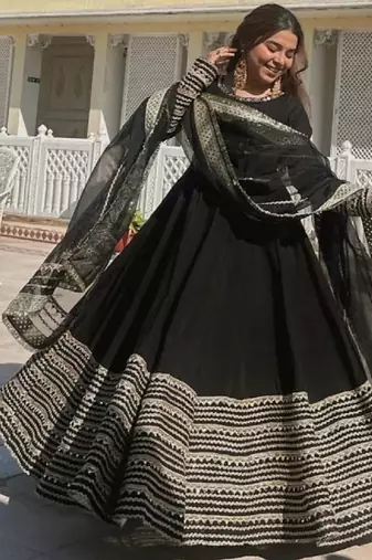 Black rayon heavy cording embroidered sequins & thread work fully stitched kali cut anarkali gown