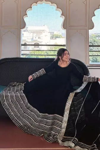 Black rayon heavy cording embroidered sequins & thread work fully stitched kali cut anarkali gown