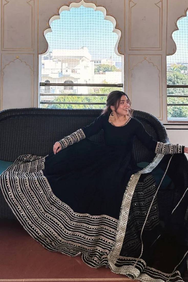 Black rayon heavy cording embroidered sequins & thread work fully stitched kali cut anarkali gown