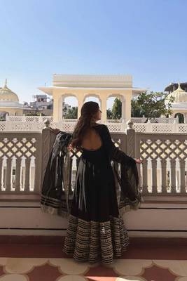 Black rayon heavy cording embroidered sequins & thread work fully stitched kali cut anarkali gown 3