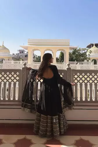 Black rayon heavy cording embroidered sequins & thread work fully stitched kali cut anarkali gown