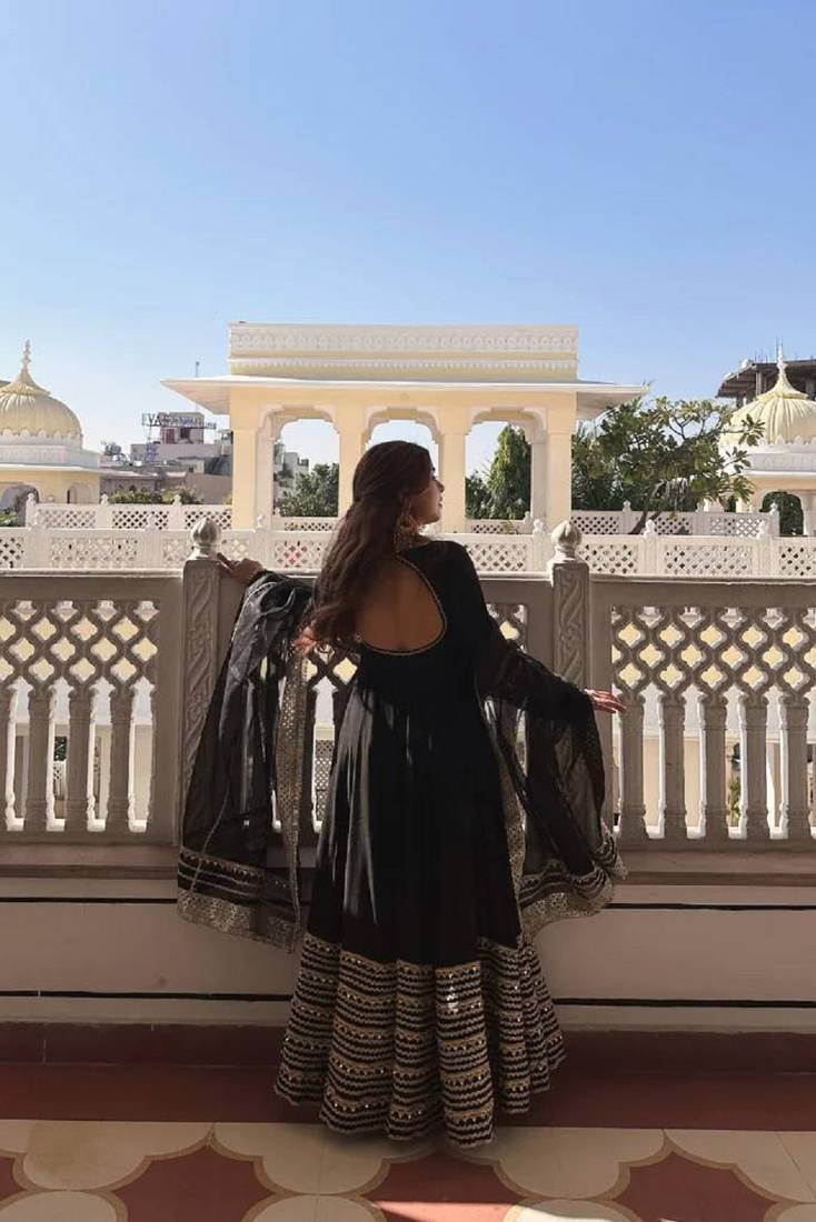 Black rayon heavy cording embroidered sequins & thread work fully stitched kali cut anarkali gown