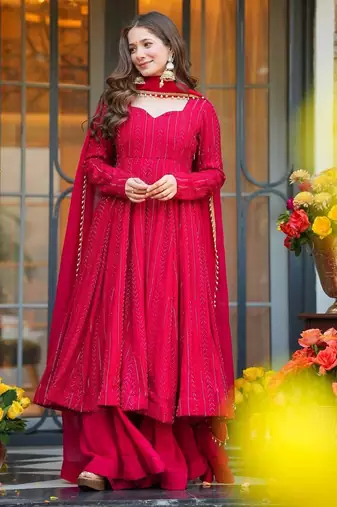 Pink faux blooming heavy sequins & zari thread embroidered fully stitched flared anarkali gown