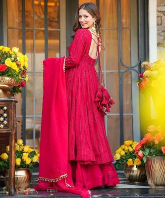 Pink faux blooming heavy sequins & zari thread embroidered fully stitched flared anarkali gown 3