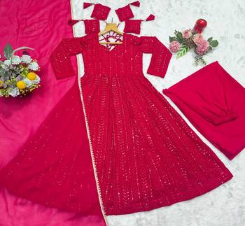 Pink faux blooming heavy sequins & zari thread embroidered fully stitched flared anarkali gown 4
