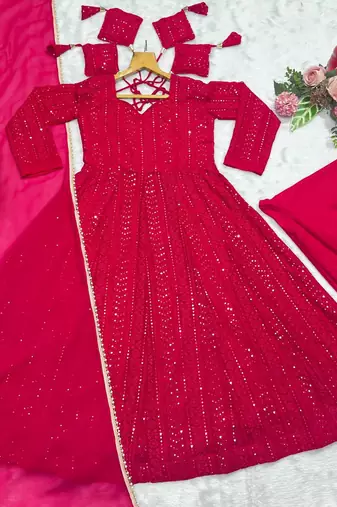 Pink faux blooming heavy sequins & zari thread embroidered fully stitched flared anarkali gown
