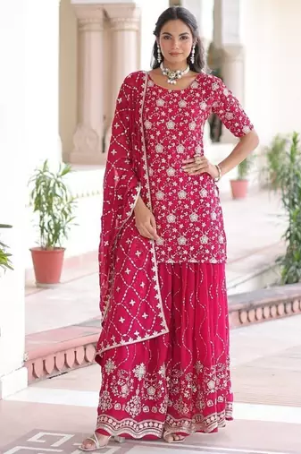 Rani Pink Georgette Sequins Embroidered Gown Set
