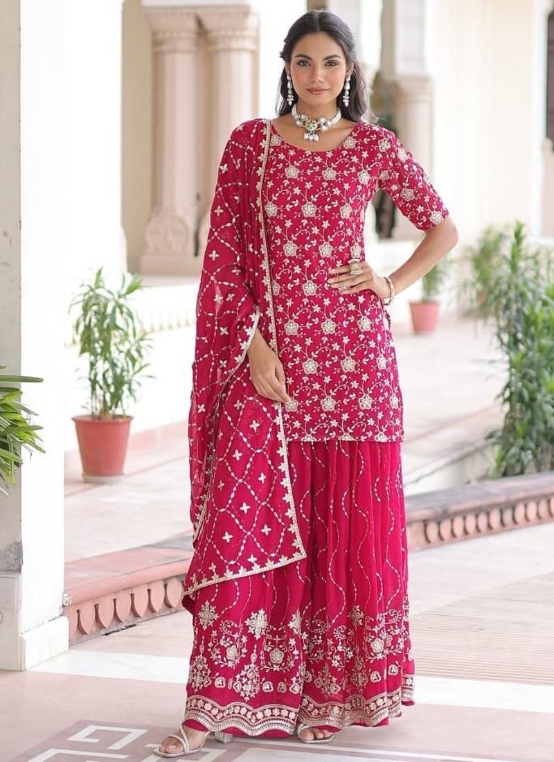 Rani Pink Georgette Sequins Embroidered Gown Set