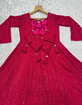 Pink faux blooming heavy sequins & zari thread embroidered fully stitched flared anarkali gown 5