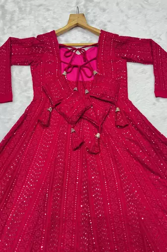 Pink faux blooming heavy sequins & zari thread embroidered fully stitched flared anarkali gown