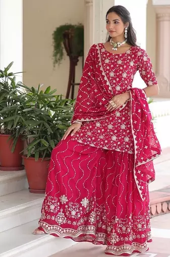 Rani Pink Georgette Sequins Embroidered Gown Set