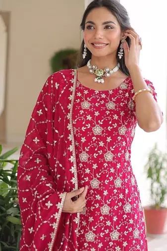 Rani Pink Georgette Sequins Embroidered Gown Set