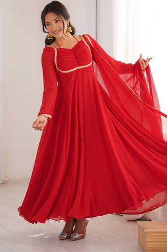 Red pure fox blooming georgette fully stitched flared anarkali gown with designer dori neck