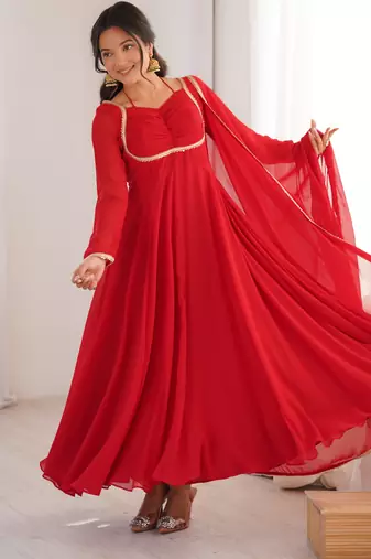 Red pure fox blooming georgette fully stitched flared anarkali gown with designer dori neck