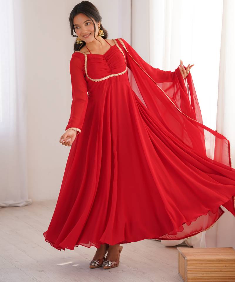 Red pure fox blooming georgette fully stitched flared anarkali gown with designer dori neck