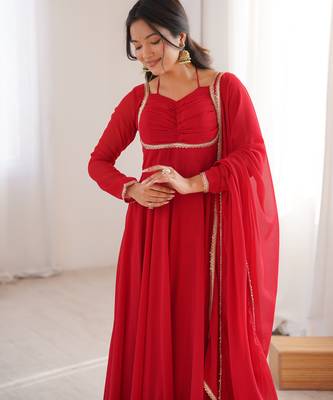 Red pure fox blooming georgette fully stitched flared anarkali gown with designer dori neck 2