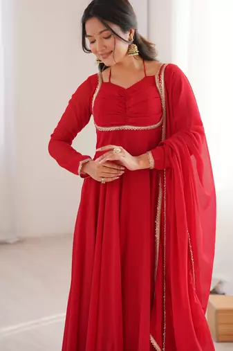 Red pure fox blooming georgette fully stitched flared anarkali gown with designer dori neck