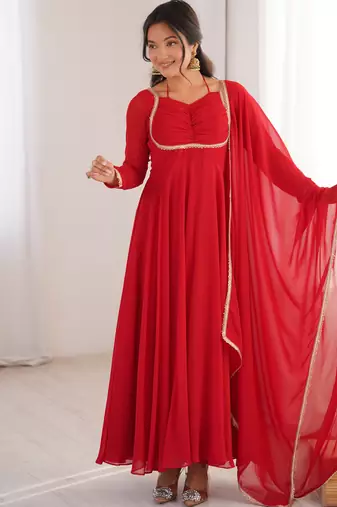 Red pure fox blooming georgette fully stitched flared anarkali gown with designer dori neck
