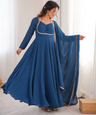 Teal blue pure fox blooming georgette fully stitched flared anarkali gown with designer dori neck 1