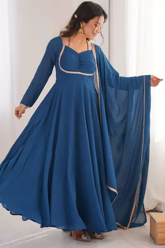 Teal blue pure fox blooming georgette fully stitched flared anarkali gown with designer dori neck