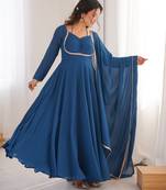 Teal blue pure fox blooming georgette fully stitched flared anarkali gown with designer dori neck